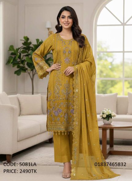 Elegant mustard color georgette three piece dress with premium embroidery and cutwork dupatta for wome