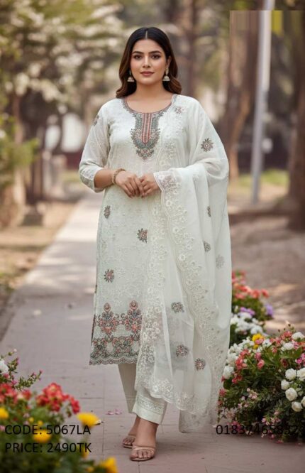 White premium soft georgette three piece with embroidery and sequence work - Code 5067LA