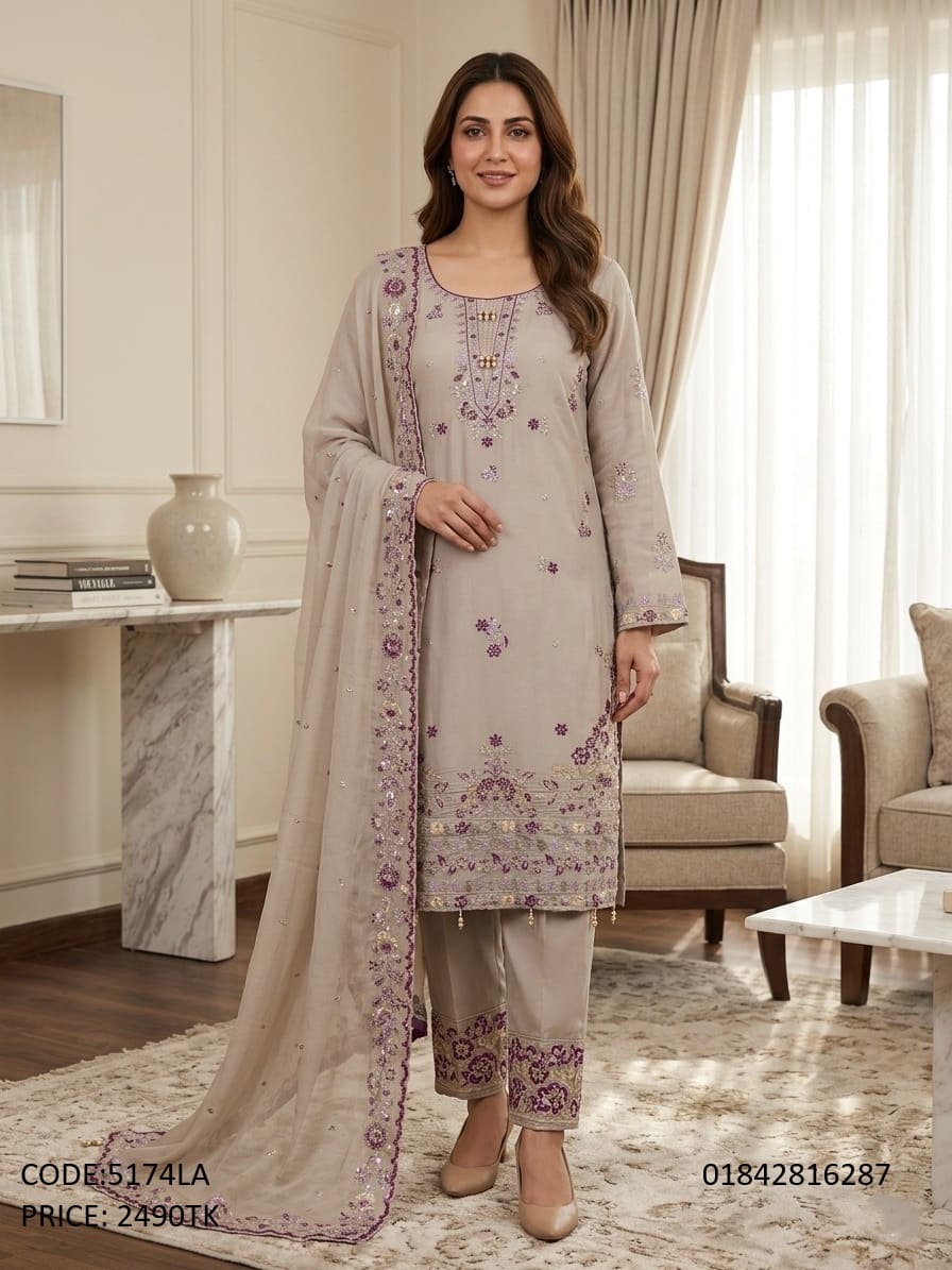 Elegant Ash Grey Embroidered Georgette Three-Piece Dress for Women Elegant ash grey embroidered three piece dress for women