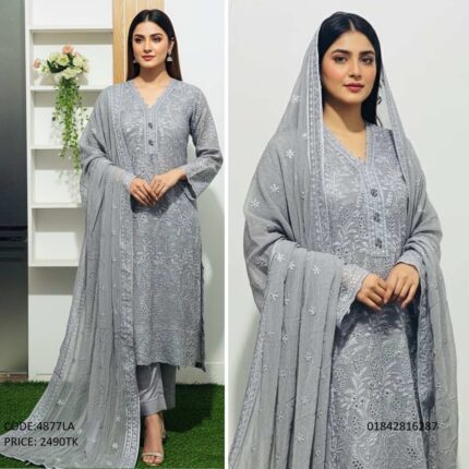 Grey color embroidered chikankari three piece dress for women code 4877LA