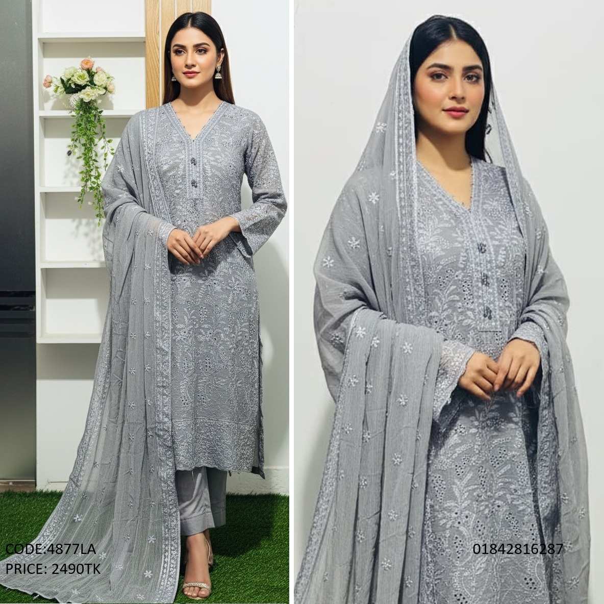 Elegant Grey Georgette Chikankari Embroidery Three Piece Dress for Women Grey color embroidered chikankari three piece dress for women code 4877LA