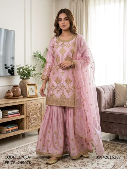 Elegant light pink embroidered sharara three piece suit for women