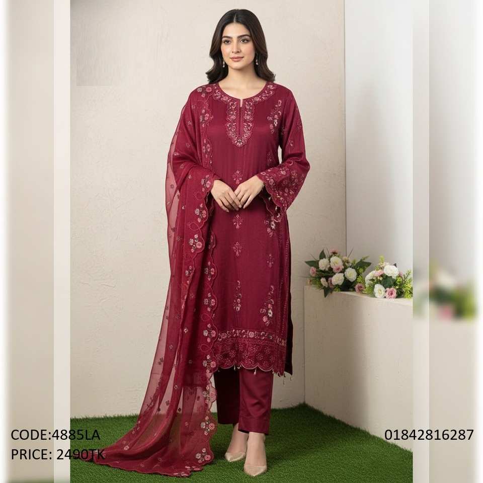 Elegant Maroon Embroidered Three-Piece Salwar Kameez Set for Women Maroon embroidered unstitched three piece salwar kameez set for women code 4885LA