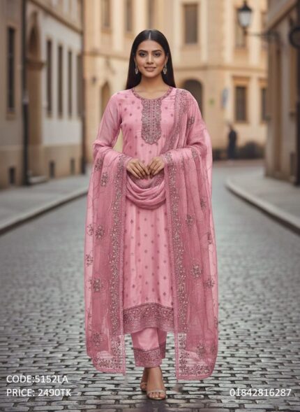 Elegant Pink Embroidered Georgette Three-Piece Dress for Women