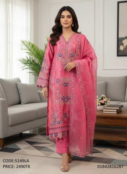 Elegant pink embroidered lawn three piece suit with organza dupatta for women, code 5149LA.