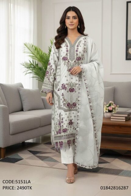 Elegant white three piece dress with purple floral embroidery work for women
