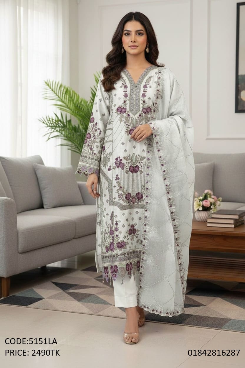 Elegant White Three Piece Dress with Purple Floral Embroidery Elegant white three piece dress with purple floral embroidery work for women