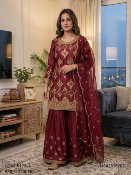 Exclusive deep maroon embroidered sharara three piece suit for women