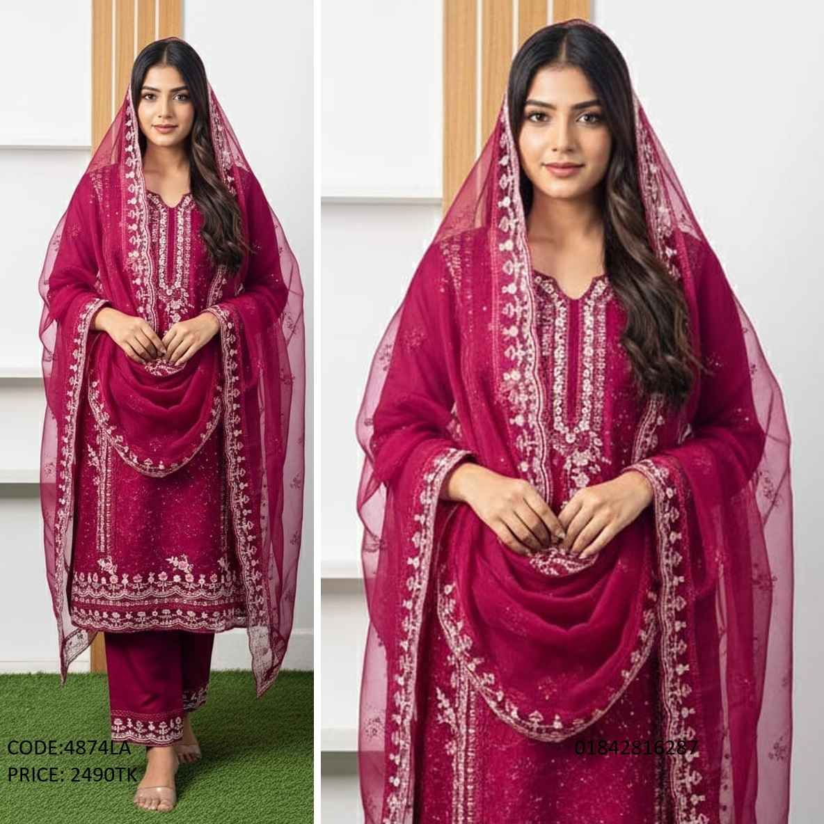 Exclusive Magenta Georgette Embroidery Work Three Piece for Women A woman wearing an exclusive magenta georgette embroidery work three piece suit with an elegant dupatta, product code 4874LA