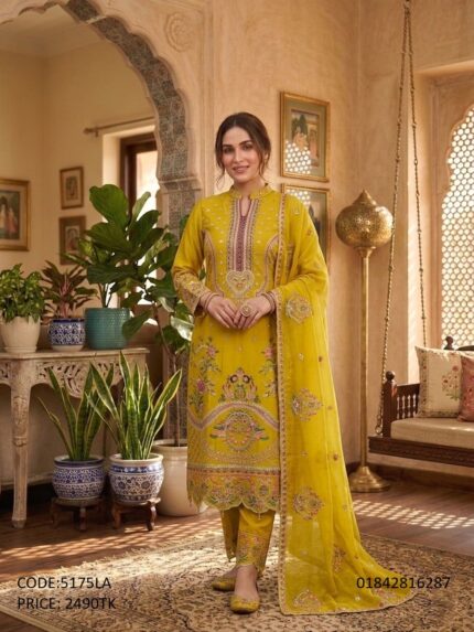 Exclusive mustard yellow embroidered boutique three piece suit for women
