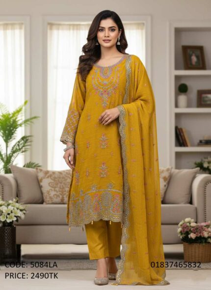 Exclusive Mustard Yellow Georgette Three-Piece Dress for Women - Code 5084LA