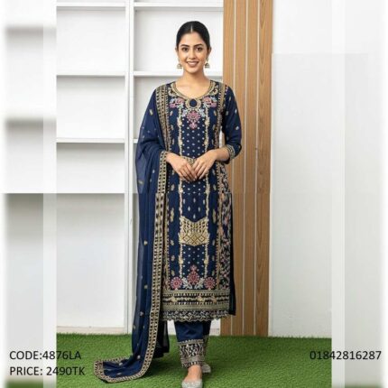 Exclusive Navy Blue Georgette Three Piece with Embroidery Work - 4876LA