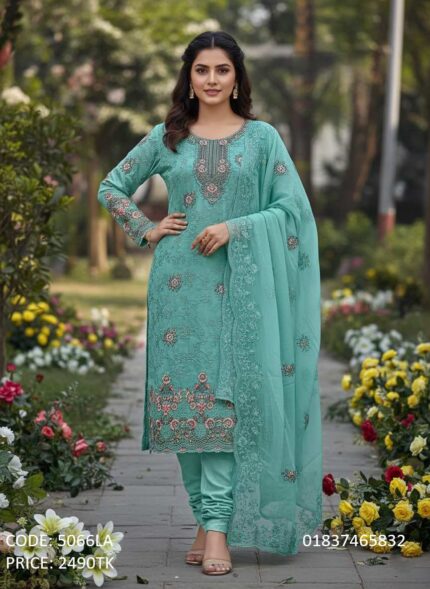 Sea green georgette three piece suit with heavy embroidery work on neckline and daman for women, model code 5066LA