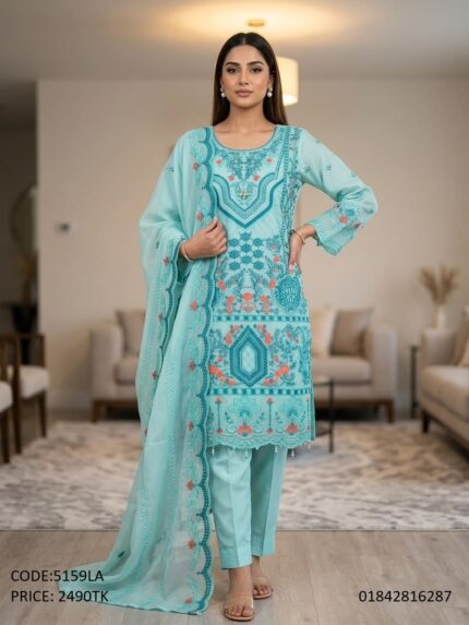 Premium Soft Georgette Embroidered Unstitched Three Piece Dress for Women - Code 5159LA