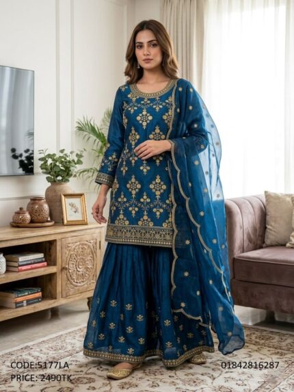 Exclusive teal blue embroidered sharara three piece suit for women