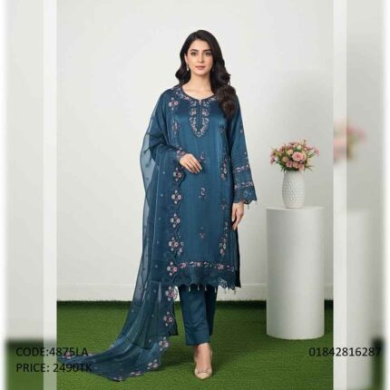 Elegant teal blue women's three-piece traditional dress with intricate floral embroidery on neckline and dupatta, product code 4875LA.