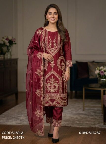 Gorgeous maroon embroidered three piece dress for women in Bangladesh