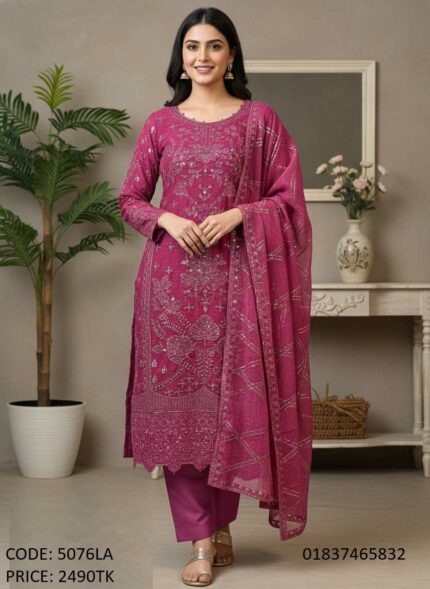 Gorgeous embroidery and sequence work three piece dress for women in deep magenta purple color - Code 5076LA