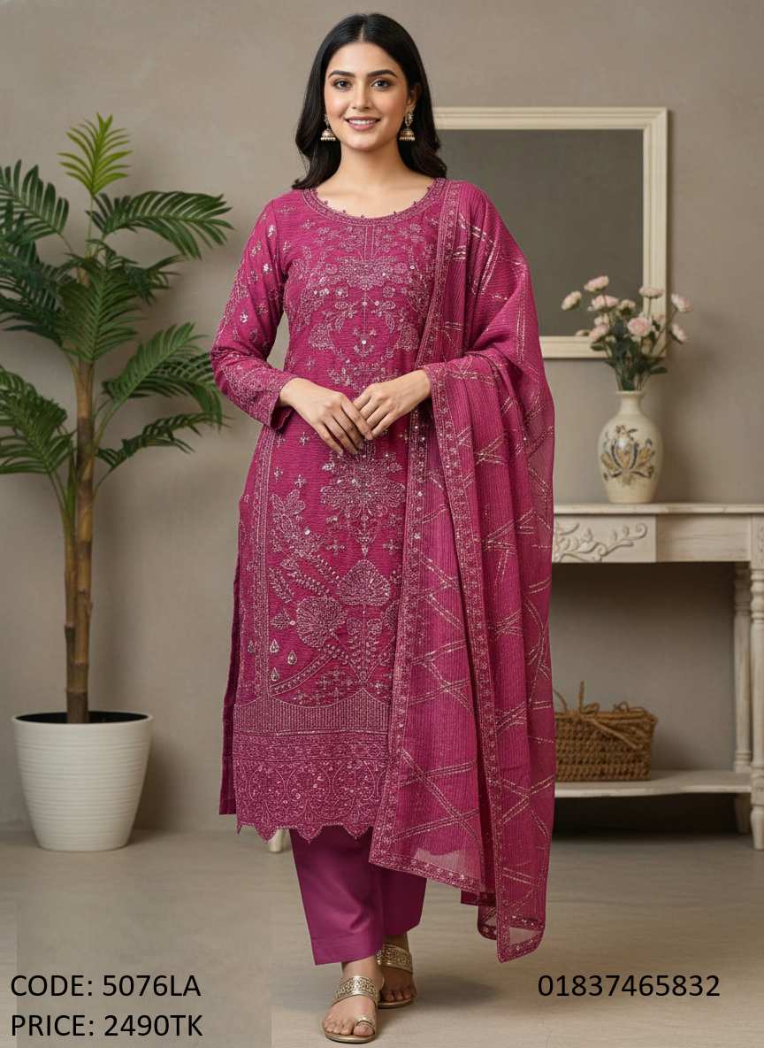 Gorgeous Embroidery & Sequence Work Three Piece Dress for Women Gorgeous embroidery and sequence work three piece dress for women in deep magenta purple color - Code 5076LA