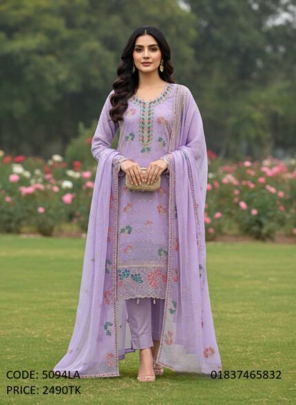 Lavender color embroidered three-piece dress for women code 5094LA