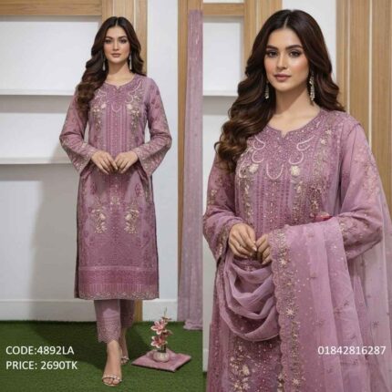 Gorgeous lavender georgette three piece with premium embroidery work code 4892LA