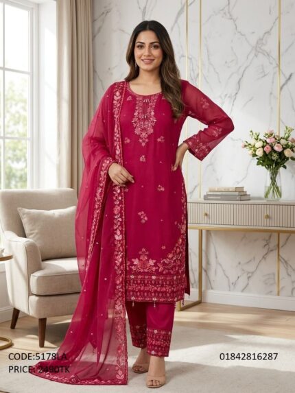 Gorgeous magenta embroidered three piece dress for women