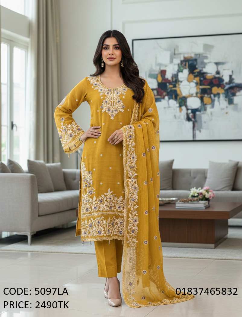 Gorgeous Mustard Yellow Embroidered 3-Piece Salwar Kameez Suit Mustard Yellow Unstitched Soft Georgette Embroidered Three Piece Dress 5097LA