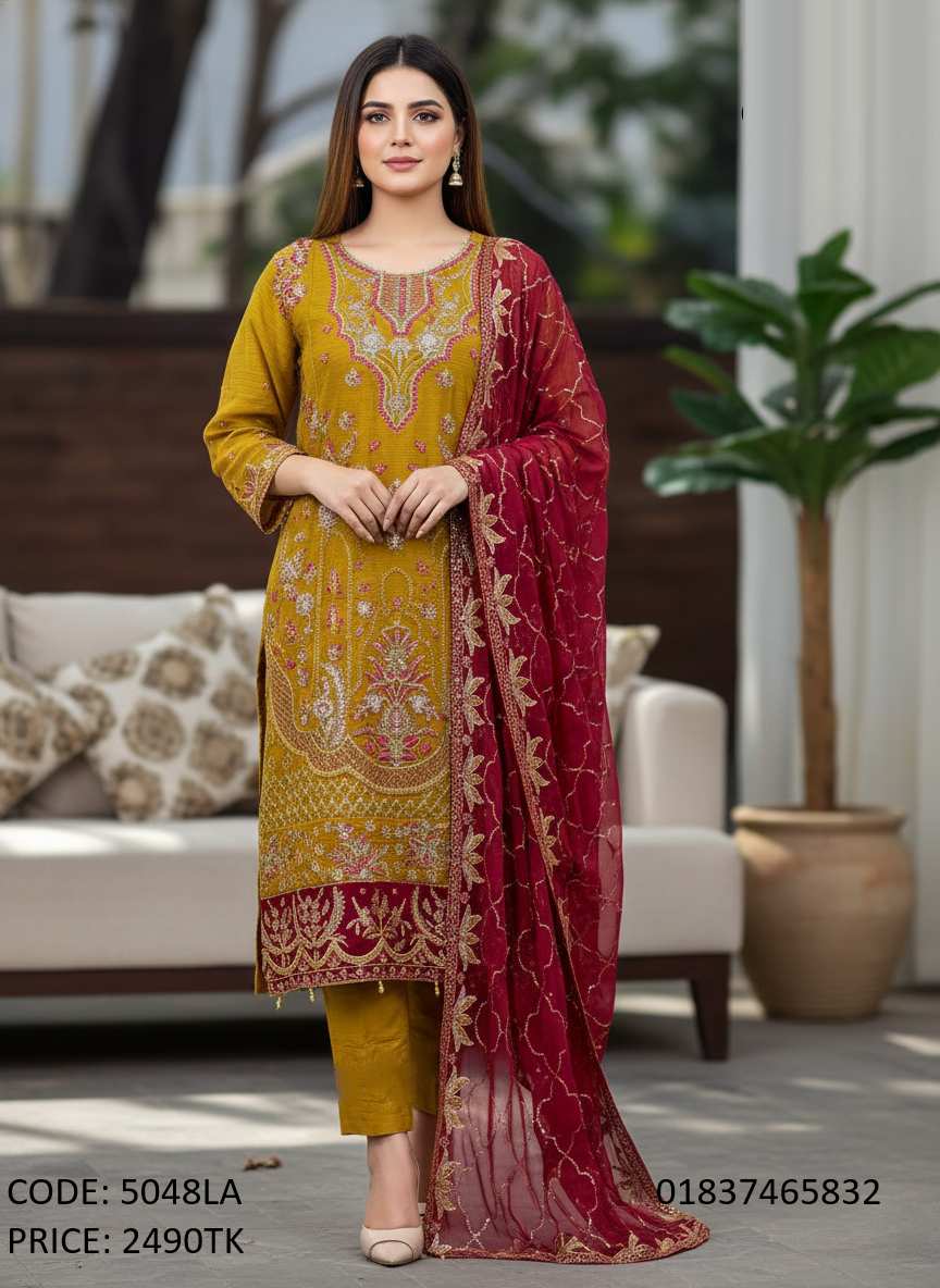 Gorgeous Mustard Yellow and Maroon Embroidered Three-Piece Dress for Women Gorgeous mustard yellow and maroon embroidered three-piece dress for women with heavy dupatta, product code 5048LA.