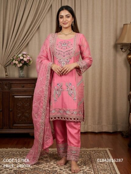 Gorgeous pink embroidered three piece dress for women