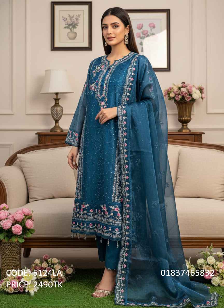 Luxury Deep Teal Festive Three Piece Collection for Women Exclusive Teal Blue Embroidered Organza Three Piece Suit (Code: 5124LA)