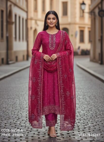 Magenta color georgette semi-stitched three-piece salwar kameez for women with heavy zari embroidery work on neckline and dupatta, product code 5154LA.