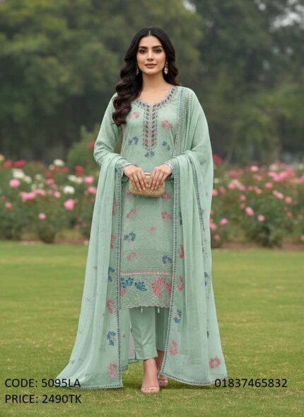 Mint green embroidered georgette three piece salwar kameez suit with net dupatta for women code 5095LA.