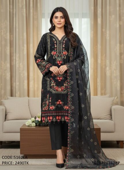 Premium black embroidered silk three piece salwar kameez suit for women