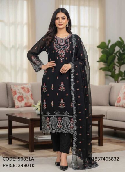 Elegant black embroidered three-piece salwar kameez for women with dupatta code 5083LA