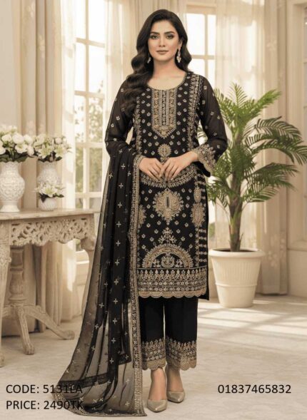 Premium black georgette embroidered three piece salwar kameez dress for women code 5131LA