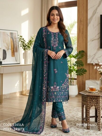 Premium dark teal blue embroidered georgette three piece salwar kameez suit for women