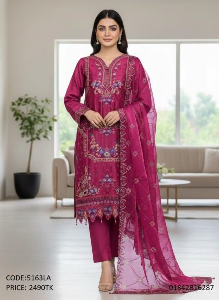 Premium deep magenta embroidered silk three piece salwar kameez suit for women
