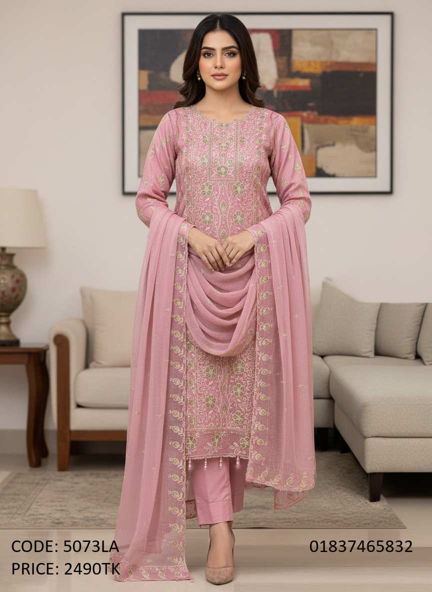 Premium Embroidered Georgette Three Piece Suite in Soft Pink exclusive-ladies-party-wear-three-piece-pink-color-bangladesh