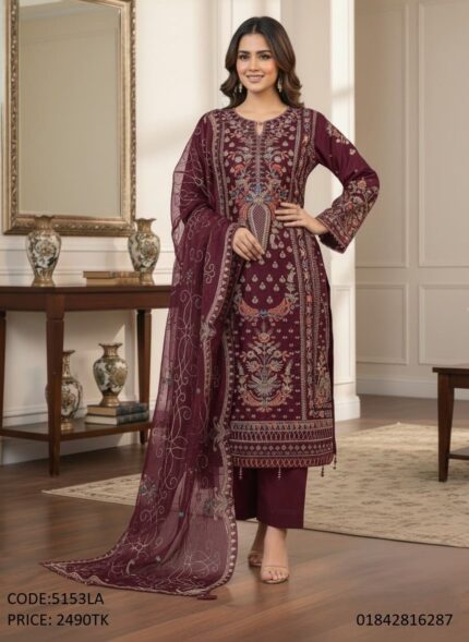 Premium maroon embroidery georgette three-piece dress for women code 5153LA