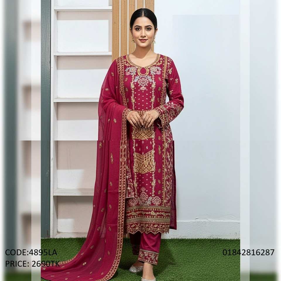 Premium Georgette Embroidery Three Piece with Dupatta for Women Premium magenta color georgette three piece with heavy golden embroidery work and matching dupatta for women.