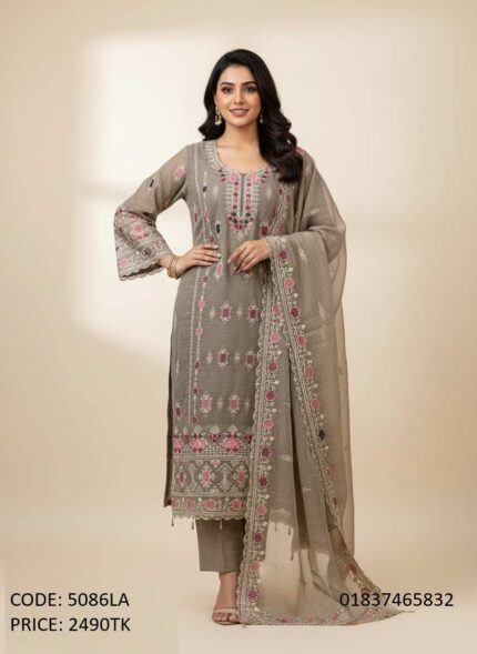 Premium olive brown three piece for women with pink and white floral embroidery work