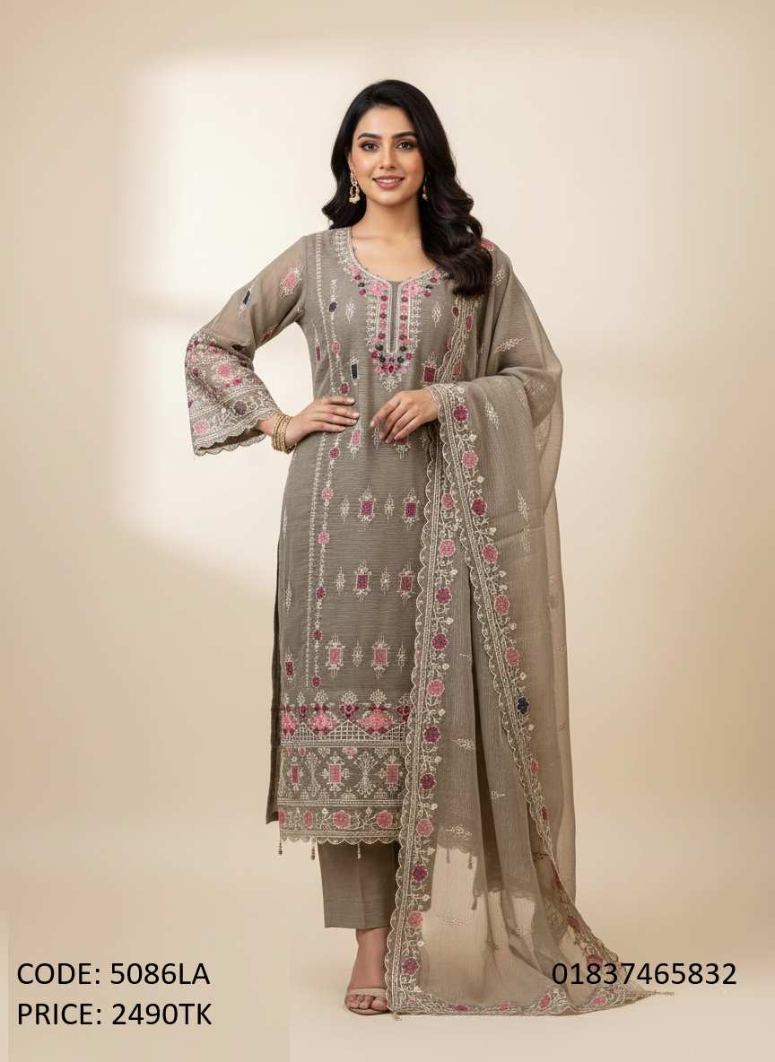 Premium GeorgetteCotton Three Piece with Elegant Embroidery Premium olive brown three piece for women with pink and white floral embroidery work