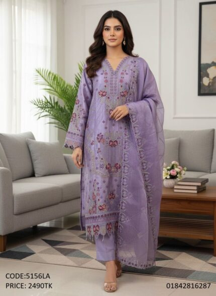 Premium Lavender Embroidered 3-Piece Salwar Kameez Suit (Code: 5156LA)