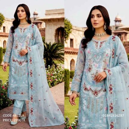 Premium light blue embroidered party wear three-piece suit for women with floral design and gorgeous dupatta, product code 4851LA.