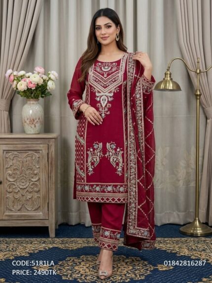 Premium Maroon Salwar Kameez Set with Elegant Embroidery Work