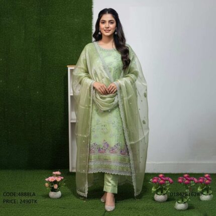 Elegant mint green 3-piece salwar kameez with intricate embroidery and a sheer organza dupatta, product code 4888LA-2490