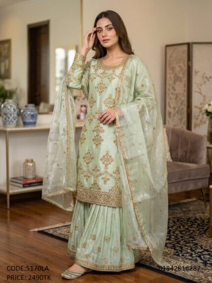 Premium mint green embroidered tissue organza sharara suit three piece for women