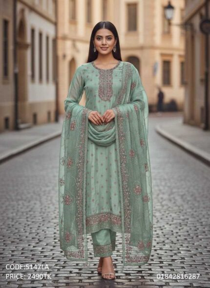 Mint green embroidery georgette three piece dress for women code 5147LA