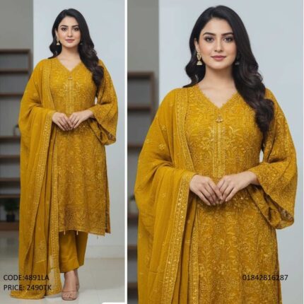 Mustard yellow embroidered georgette three piece party wear dress for women code 4891LA
