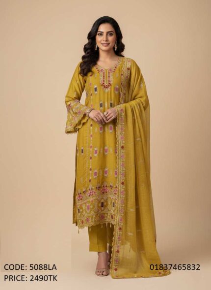 Mustard yellow georgette three piece salwar kameez with embroidery design 5088LA